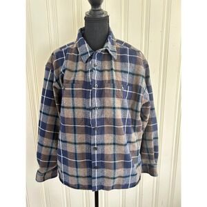 LL Bean Women L Relaxed Boyfriend Fit Flannel Shirt Blue Plaid Cotton Classic